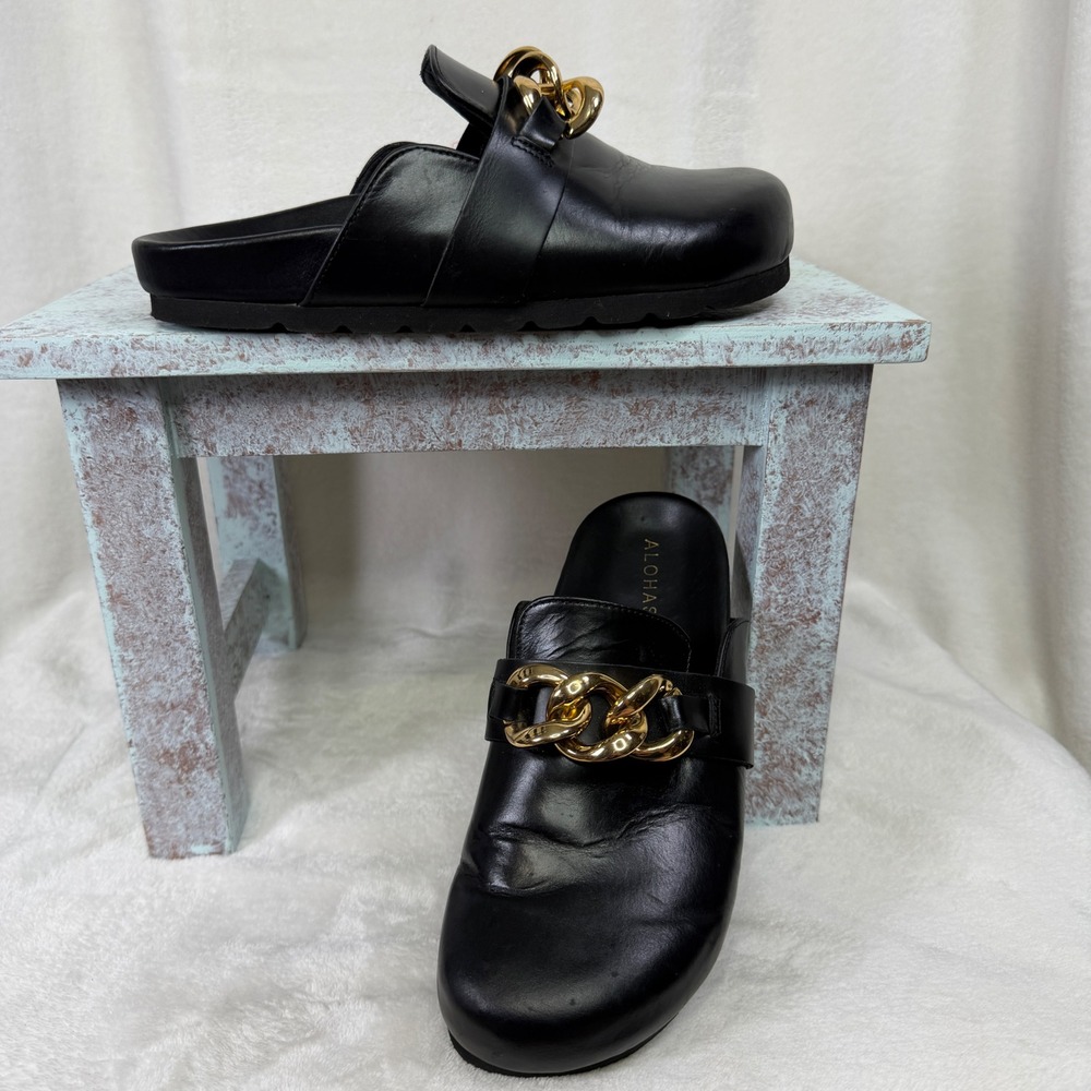 ALOHAS Chain Mules Women Size 39 Black Leather Gold Link Chunky Flat Slides